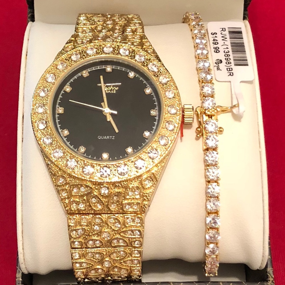 Men’s Gold Finished Lab Diamond Watch&Bracelet
